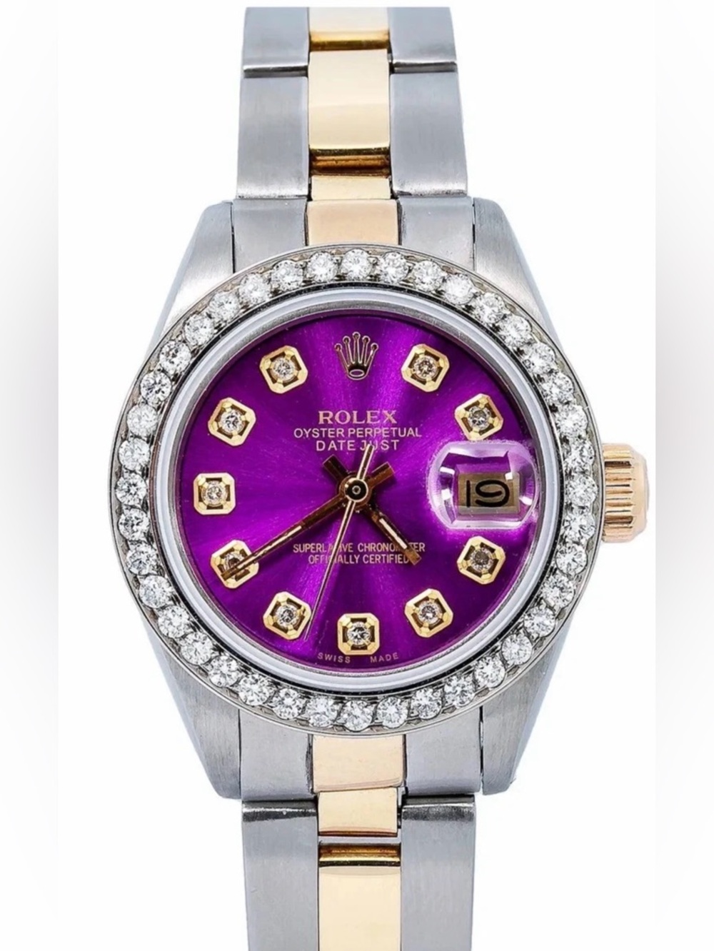 Rolex Two-Tone Diamond Bezel Watch with Purple Dial